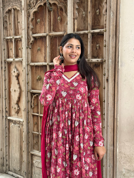 Rosewood Anarkali lace suit set - Jonaya