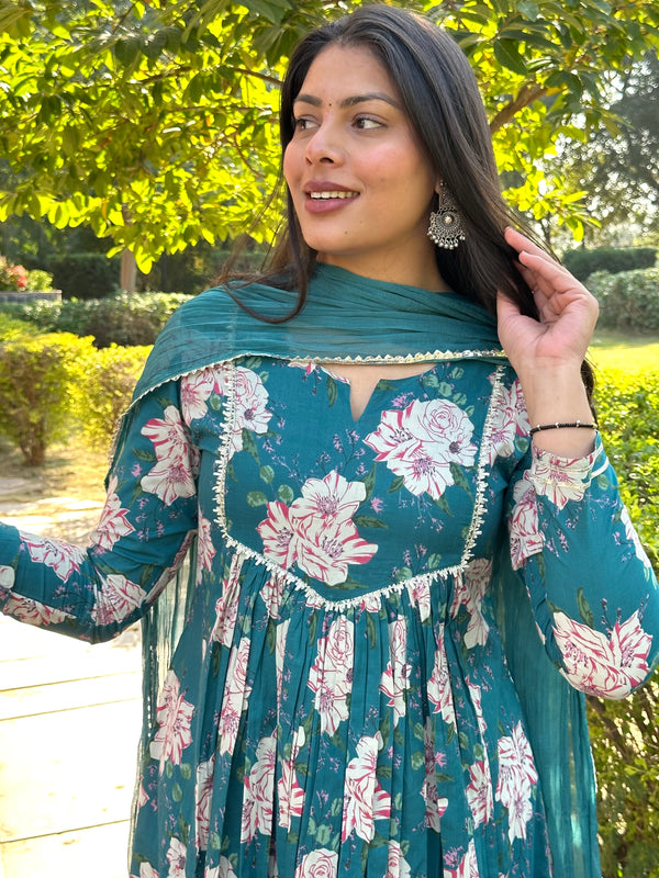 Rama Green Floral Flare Suit Set - Jonaya