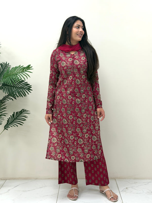 Maroon garden Straight suit set Jonaya