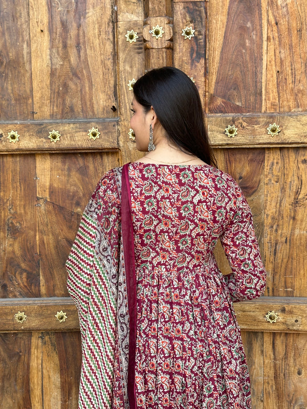 Maroon Kalamkari Flare Suit Set - Jonaya
