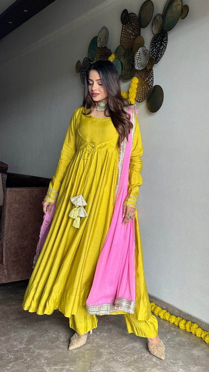 Festive green pink anarkali suit set Jonaya