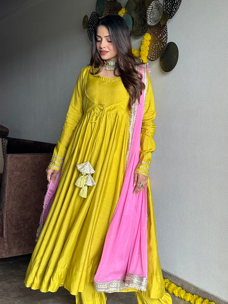 Festive green pink anarkali suit set Jonaya