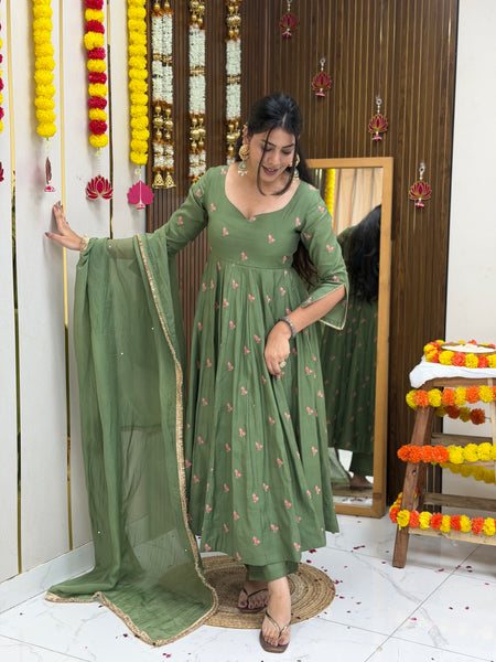 Pista Gulab Embroidery festive Anarkali set Jonaya