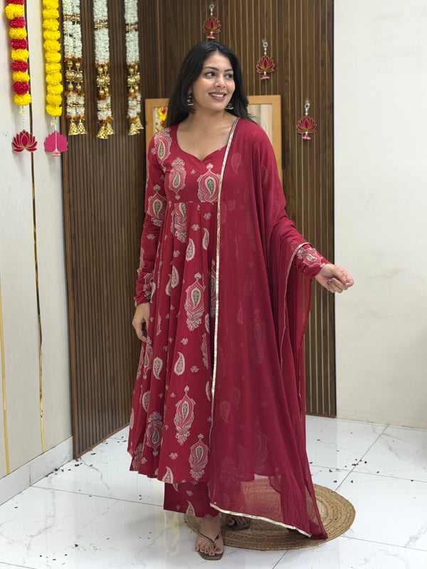 Festive Maroon green paisley Anarkali set Jonaya