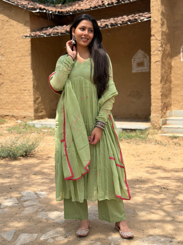 Sage Green Pink Embroidery Anarkali