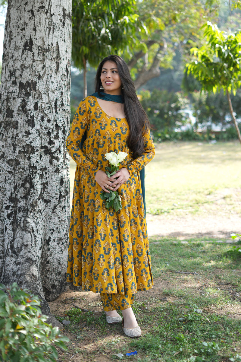 Gulmohar Mustard Anarkali suit set Jonaya