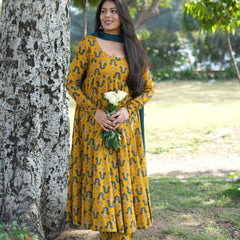 Gulmohar Mustard Anarkali suit set Jonaya