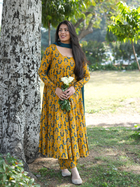 Gulmohar Mustard Anarkali suit set Jonaya
