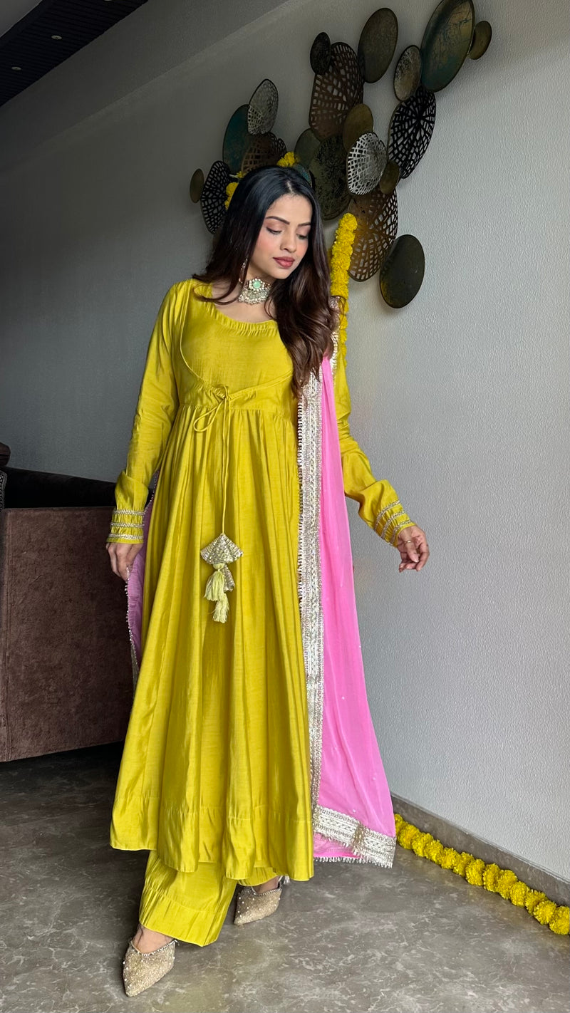 Festive green pink anarkali suit set Jonaya
