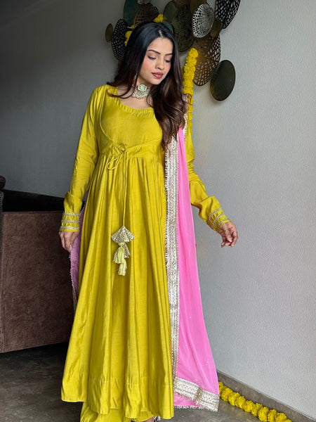 Festive green pink anarkali suit set Jonaya