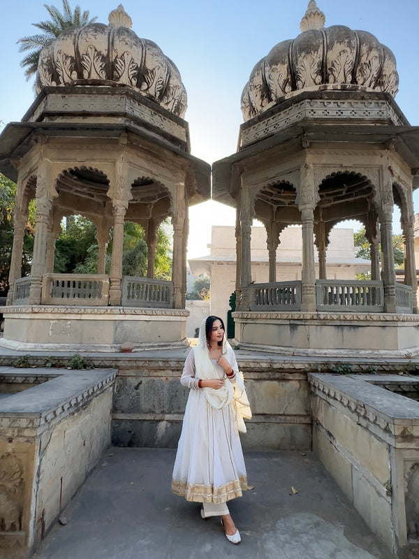 White and Gold Georgette Anarkali Set - Jonaya