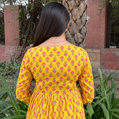 Yellow Pink motif Anarkali kameez - Jonaya