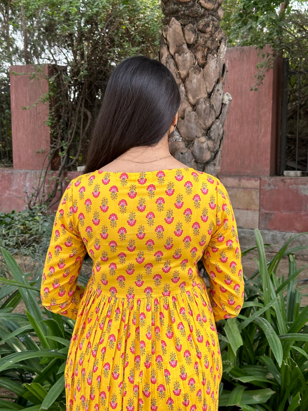 Yellow Pink Motif Anarkali Kameez - Jonaya