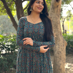 Teal Ajrakh flare kameez Jonaya