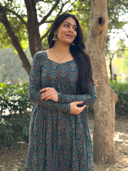 Teal Ajrakh flare kameez Jonaya