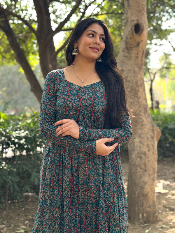 Teal Ajrakh flare kameez Jonaya