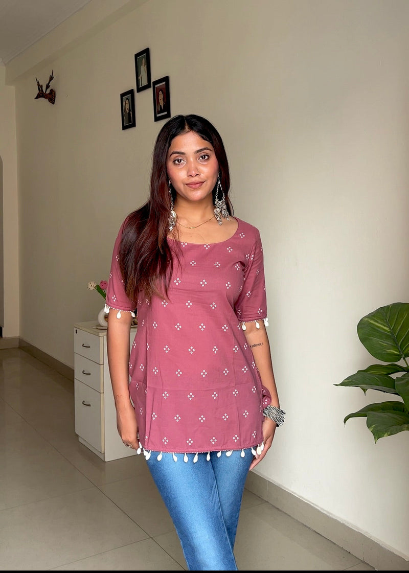 Pink bhandej shells cotton straight kurti Jonaya