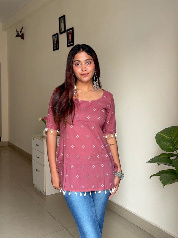 Pink Bhandej Shells Cotton Straight Kurti - Jonaya