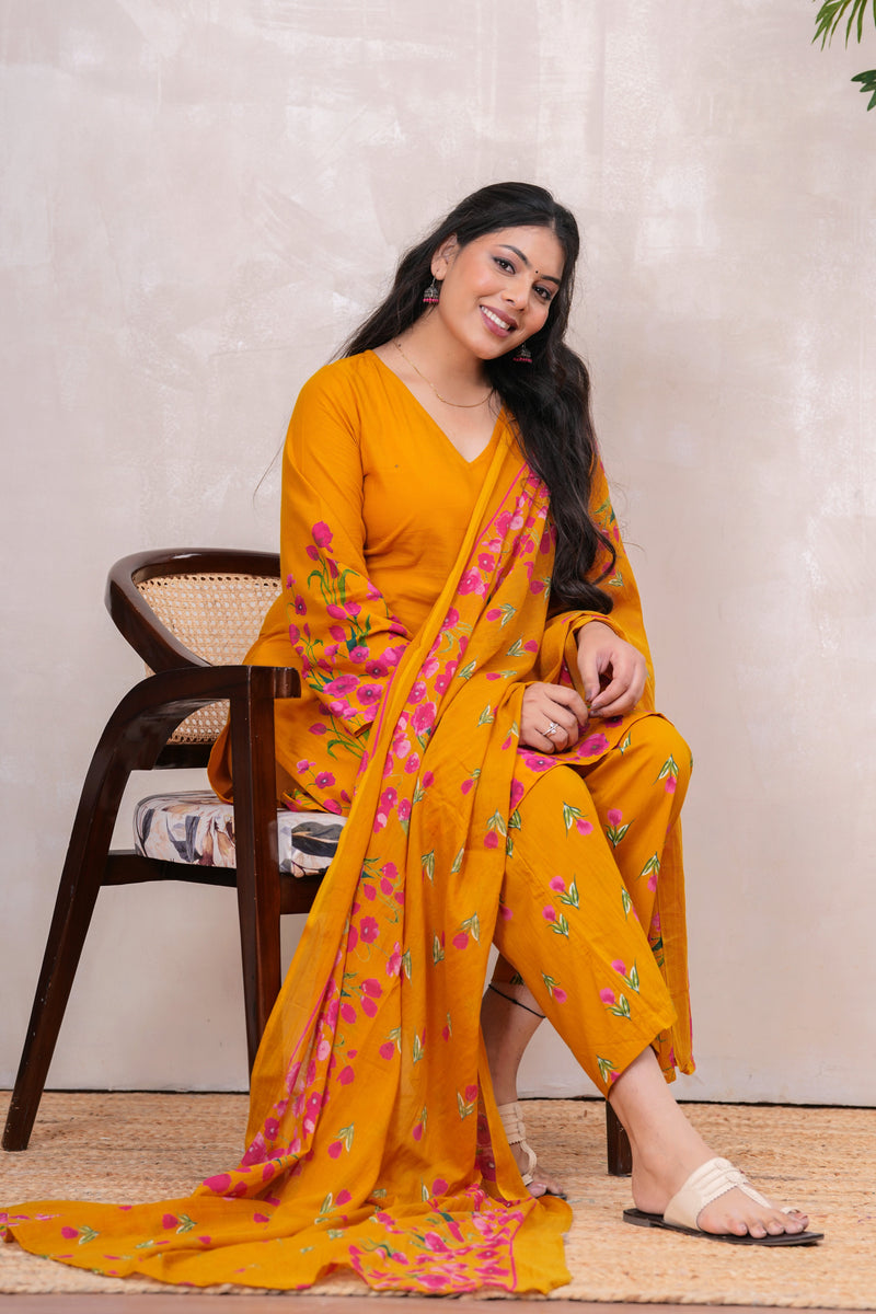 Pink yellow floral straight kurta set Jonaya