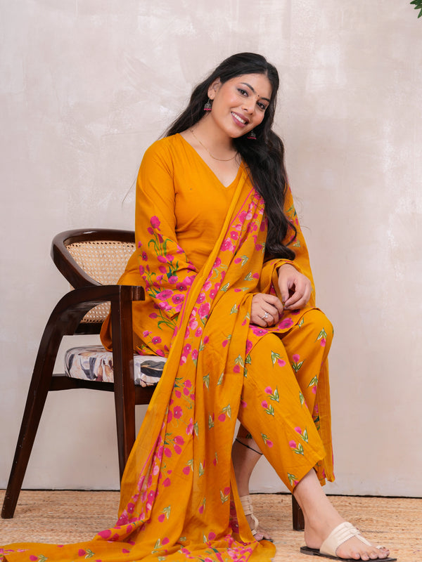 Pink Yellow Floral Straight Kurta Set - Jonaya