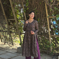 Black purple high slit kameez - Jonaya