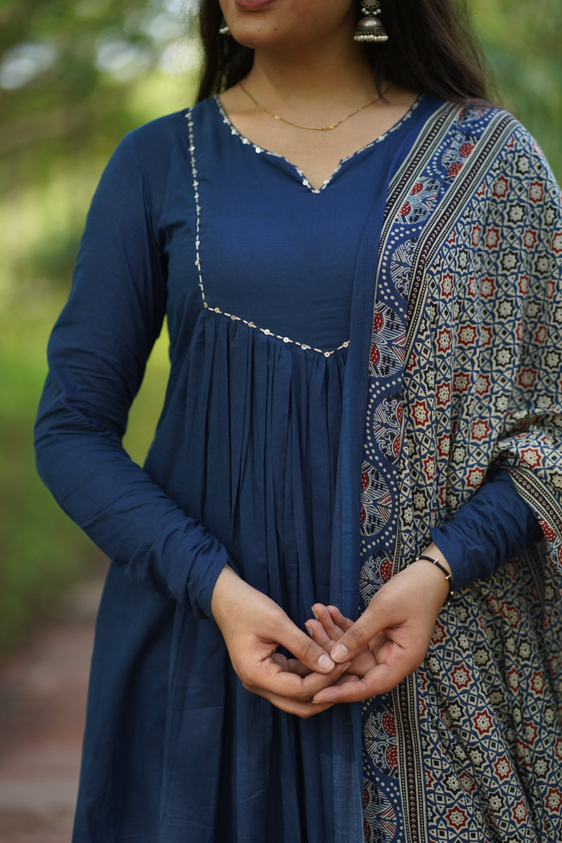 Blue Ajrakh print flair suit set Jonaya