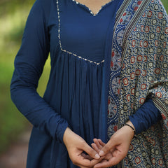 Blue Ajrakh print flair suit set Jonaya