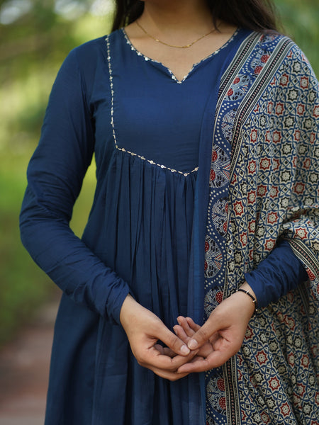 Blue Ajrakh print flair suit set Jonaya