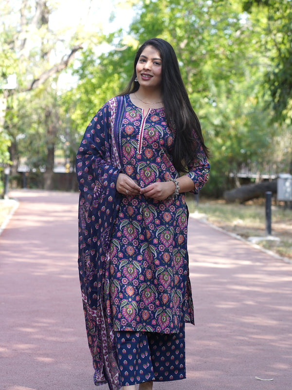 Blue Pink Floral Straight Suit Set - Jonaya