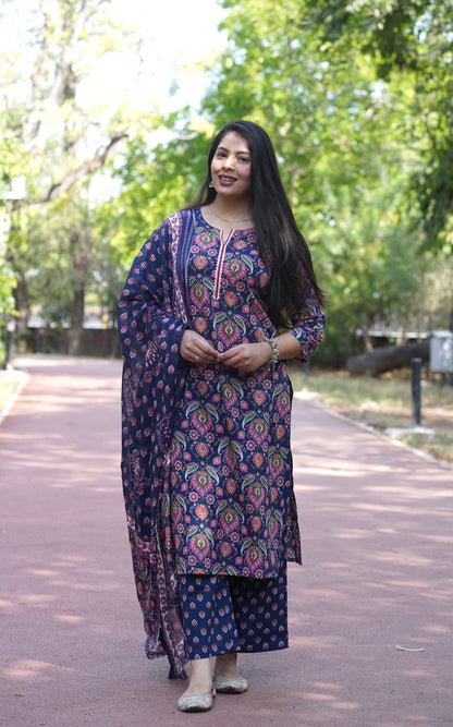 Blue pink floral straight suit set