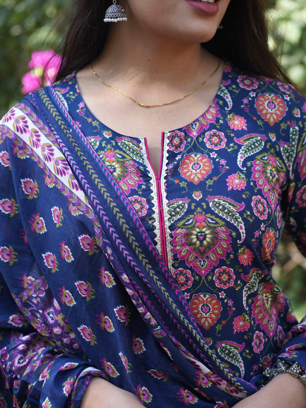 Blue Pink Floral Straight Suit Set - Jonaya