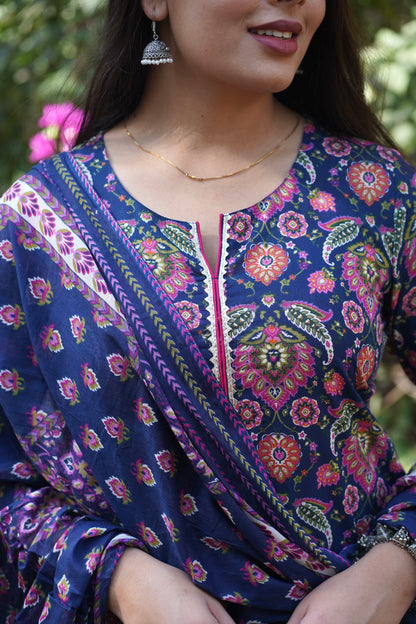 Blue pink floral straight suit set