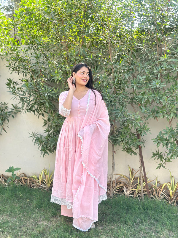 Baby Pink Mul Cotton Flare Suit Set - Jonaya