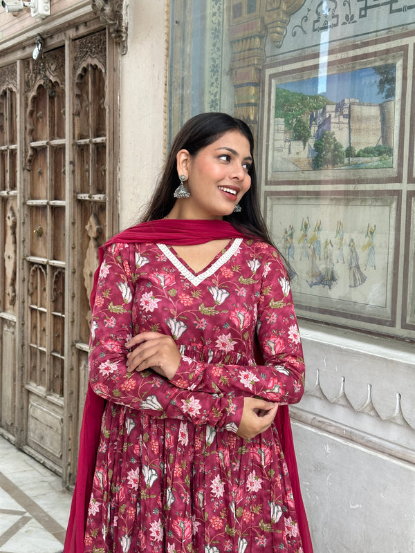 Rosewood Anarkali Lace Flare Suit Set - Jonaya