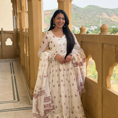 White pink petal handblock flare Anarkali Jonaya