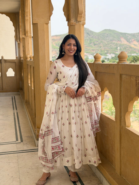 White pink petal handblock flare Anarkali Jonaya