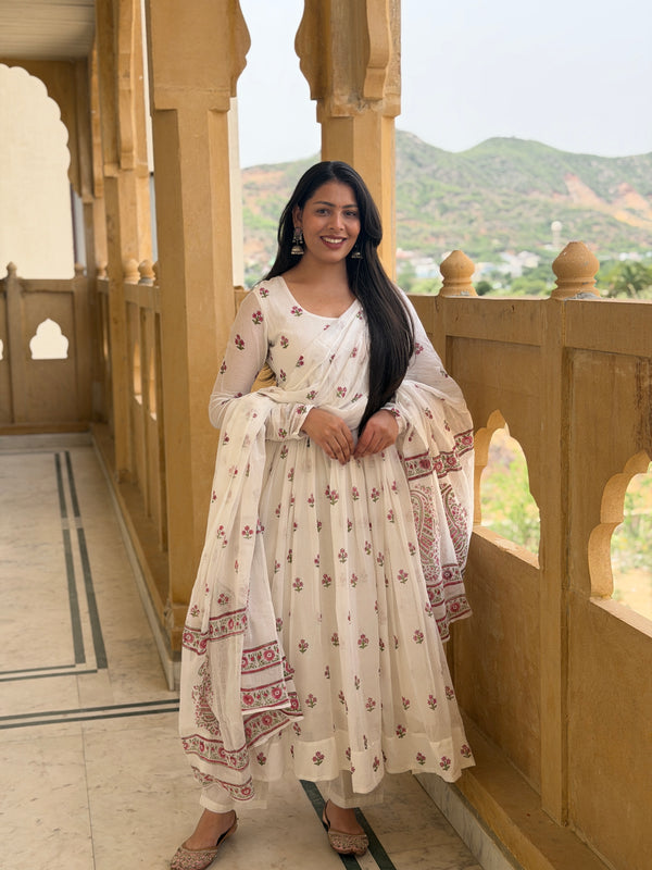 White pink petal handblock flare Anarkali Jonaya