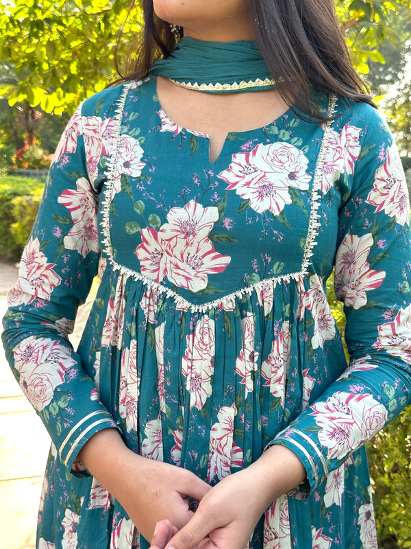 Rama Green Floral Flare Suit Set - Jonaya