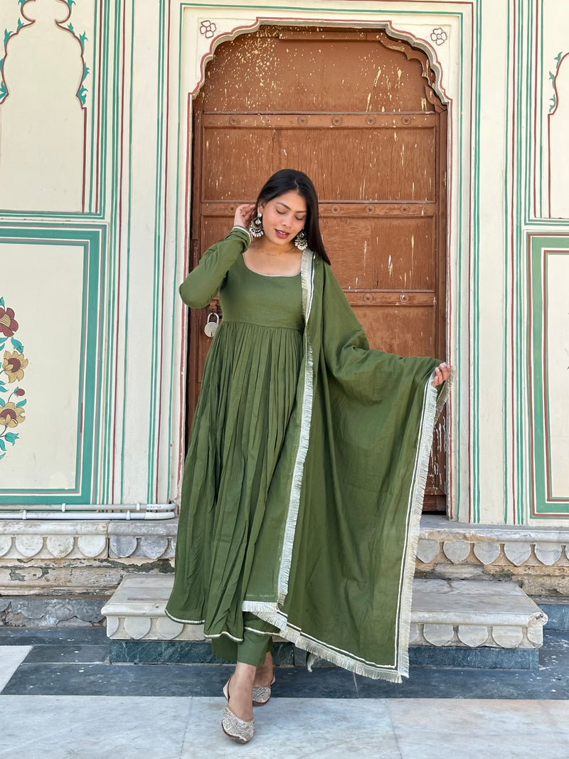 Pure Mul Cotton Mehndi suit set - Jonaya