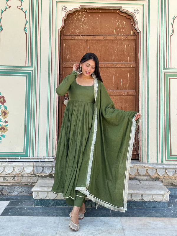 Pure Mul Cotton Mehndi Festive Flare Suit Set - Jonaya