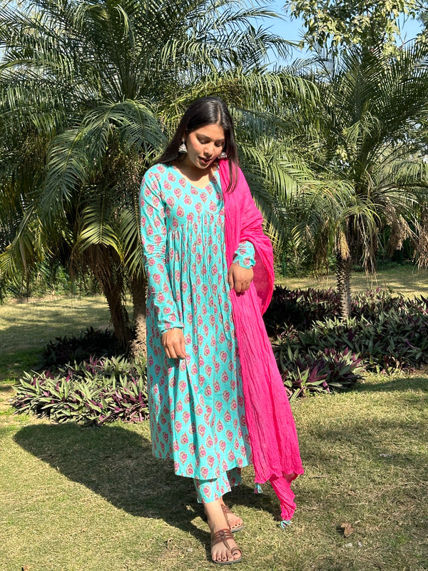 Pink Blue Mohini Suit Set - Jonaya
