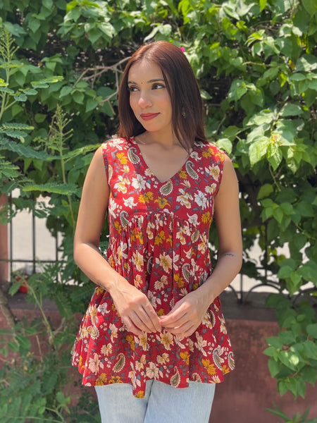 RED garden cut sleeves Peplum top - Jonaya