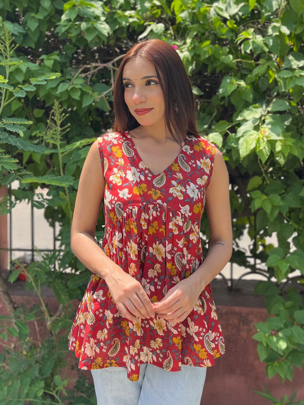 RED Garden Cut Sleeves Peplum Top - Jonaya