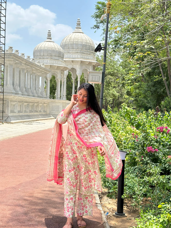 White Pink Lily Straight Suit Set - Jonaya