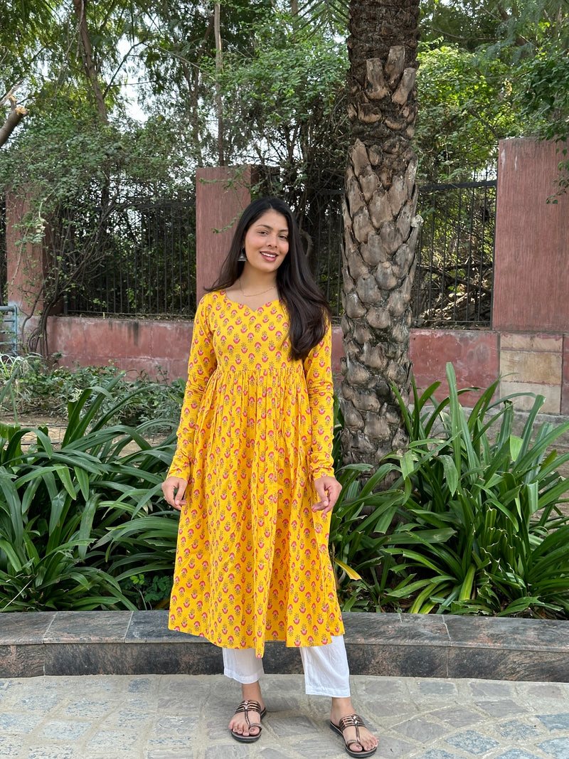 Yellow Pink motif Anarkali kameez - Jonaya