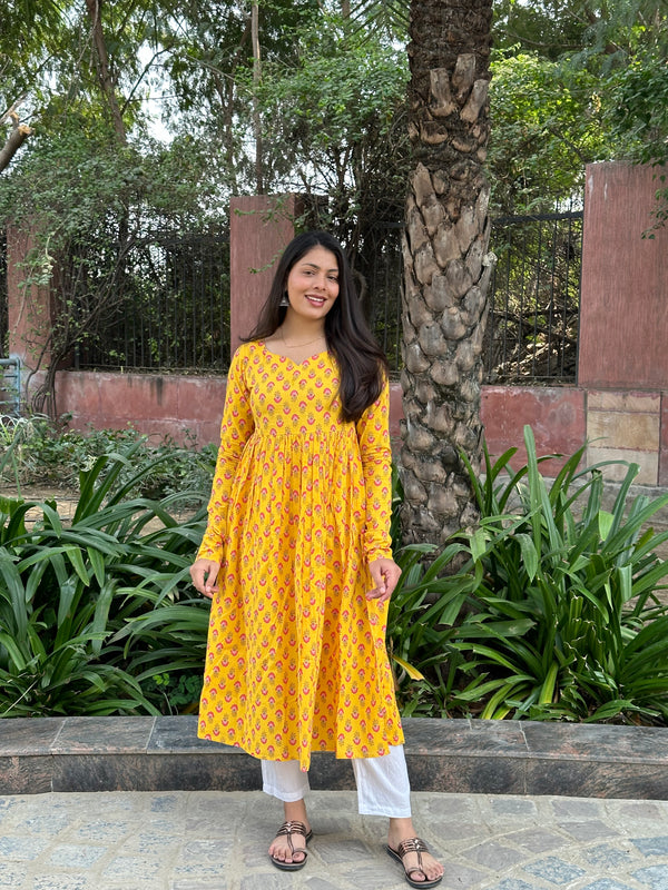 Yellow Pink Motif Anarkali Kameez - Jonaya