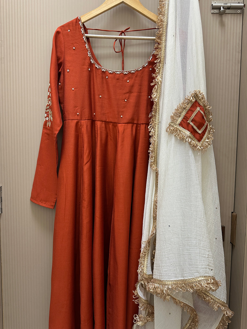 Rust Orange Hand embroidered Lux Anarkali Jonaya