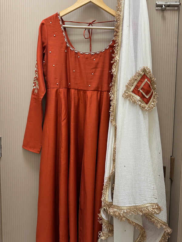 Rust Orange Hand embroidered Lux Anarkali - Jonaya