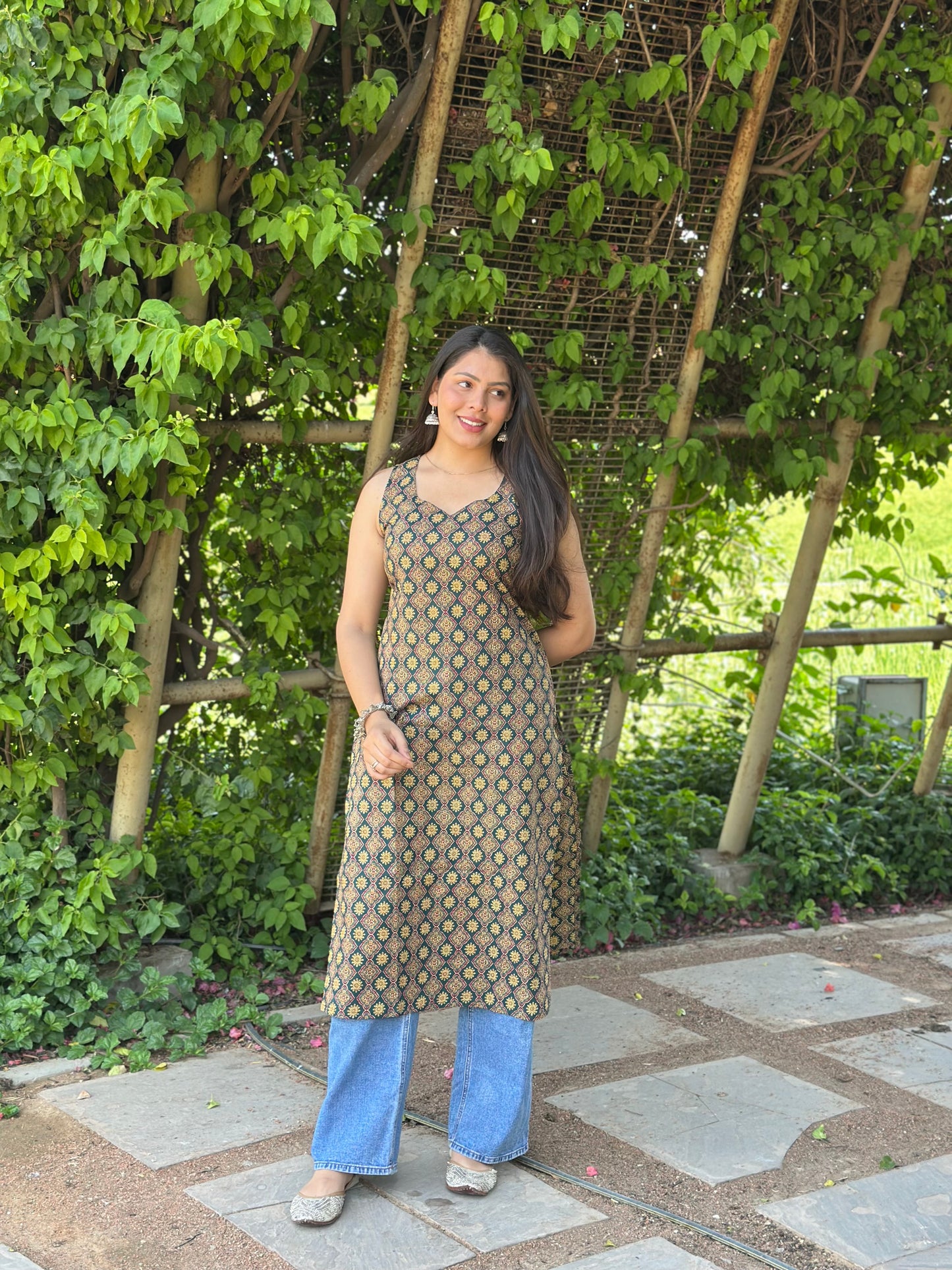 Green Ajrakh booti Straight kameez