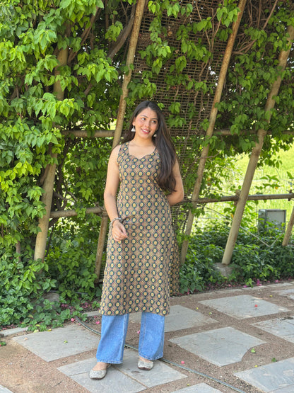 Green Ajrakh booti Straight kameez